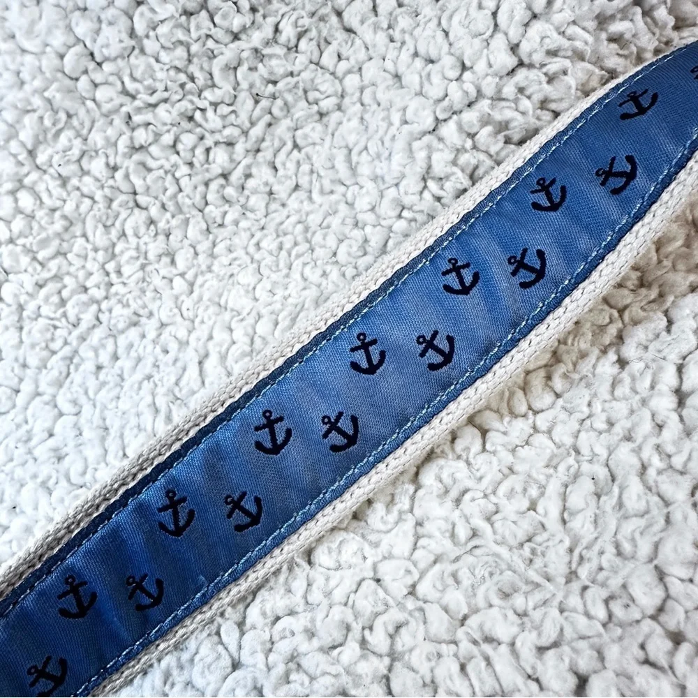 J. Crew Cotton Blue & Cream Anchor Nautical Leather Trim Silver Tone Buckle, 30